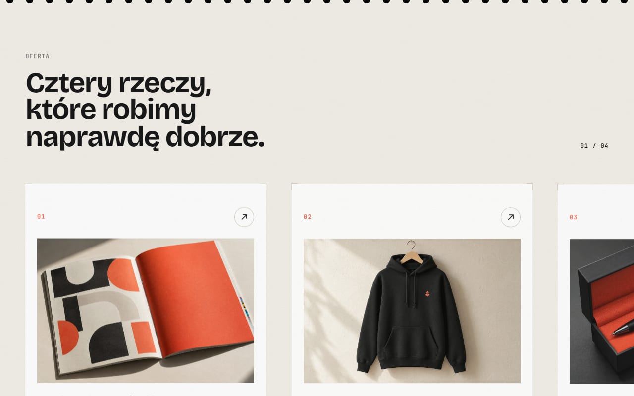 Cztery usługi w przesuwanym rzędzie kart z licznikiem 01 / 04. Górna krawędź sekcji to perforacja.