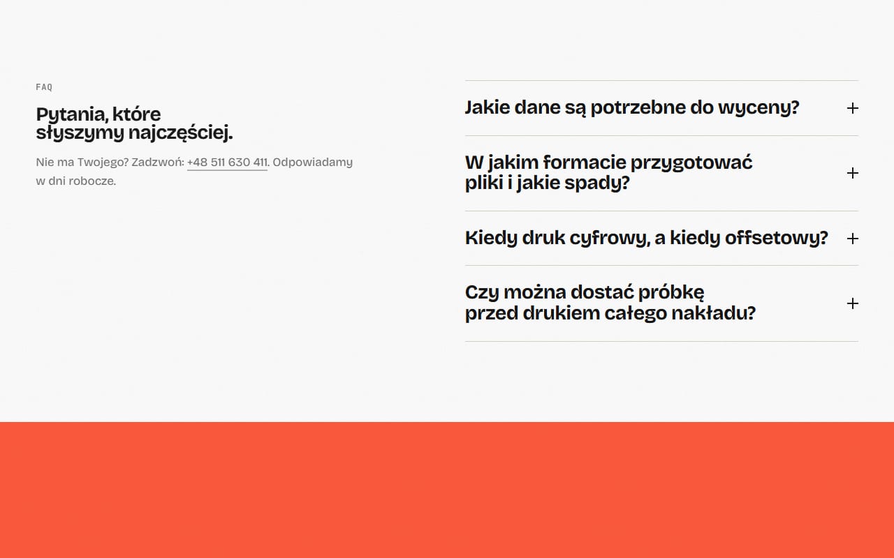 FAQ podstrony druku: dane do wyceny, format plików i spady, cyfra czy offset, próbka przed nakładem.