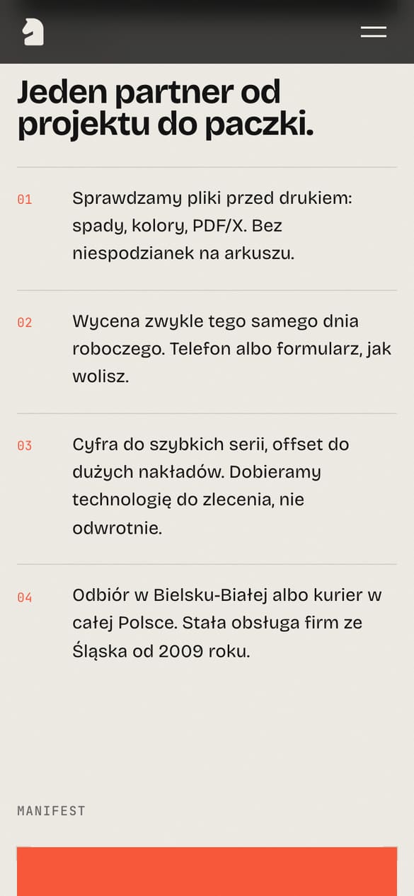 Sekcja „Dlaczego my”: kontrola plików przed drukiem, wycena zwykle tego samego dnia, cyfra lub offset zależnie od nakładu. (telefon)
