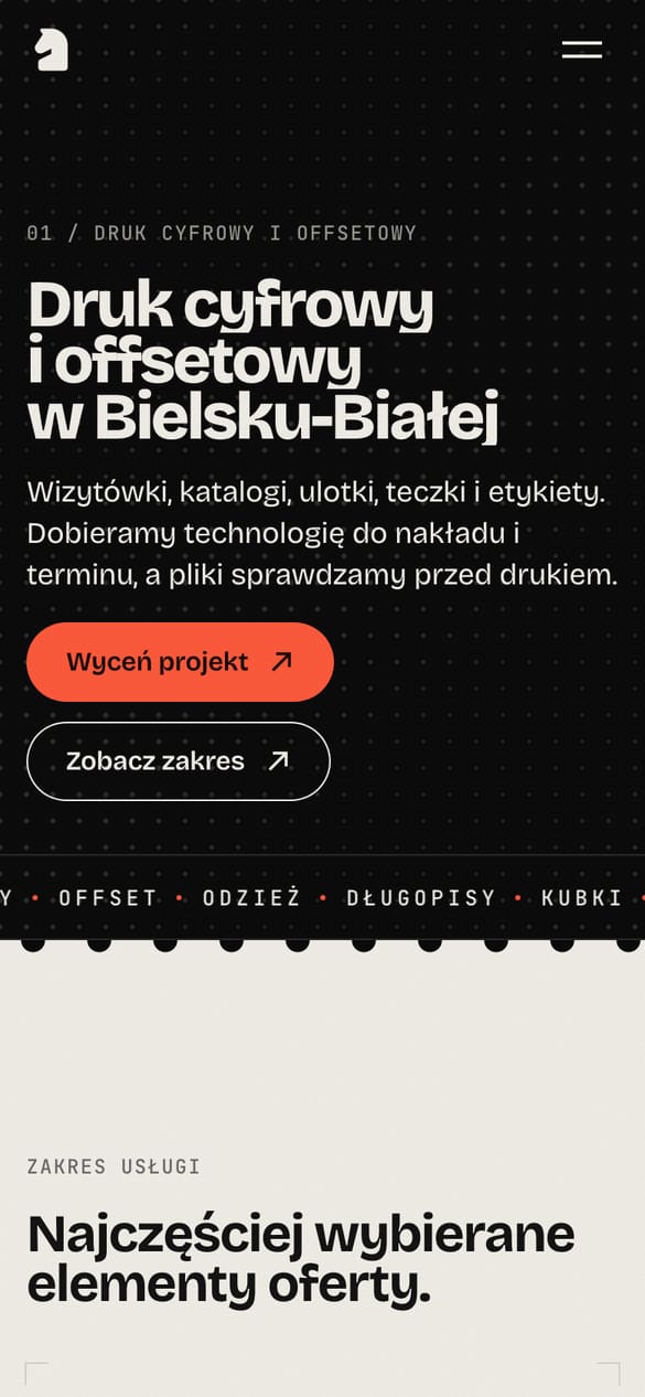 Podstrona druku cyfrowego i offsetowego pod tym samym adresem co w WordPressie. (telefon)