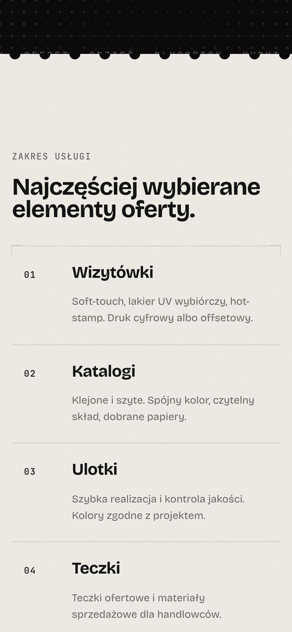 Zakres usługi w tabeli: wizytówki, katalogi, ulotki, teczki, etykiety, uszlachetnienia. (telefon)