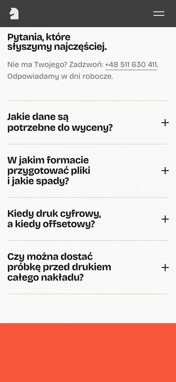 FAQ podstrony druku: dane do wyceny, format plików i spady, cyfra czy offset, próbka przed nakładem. (telefon)