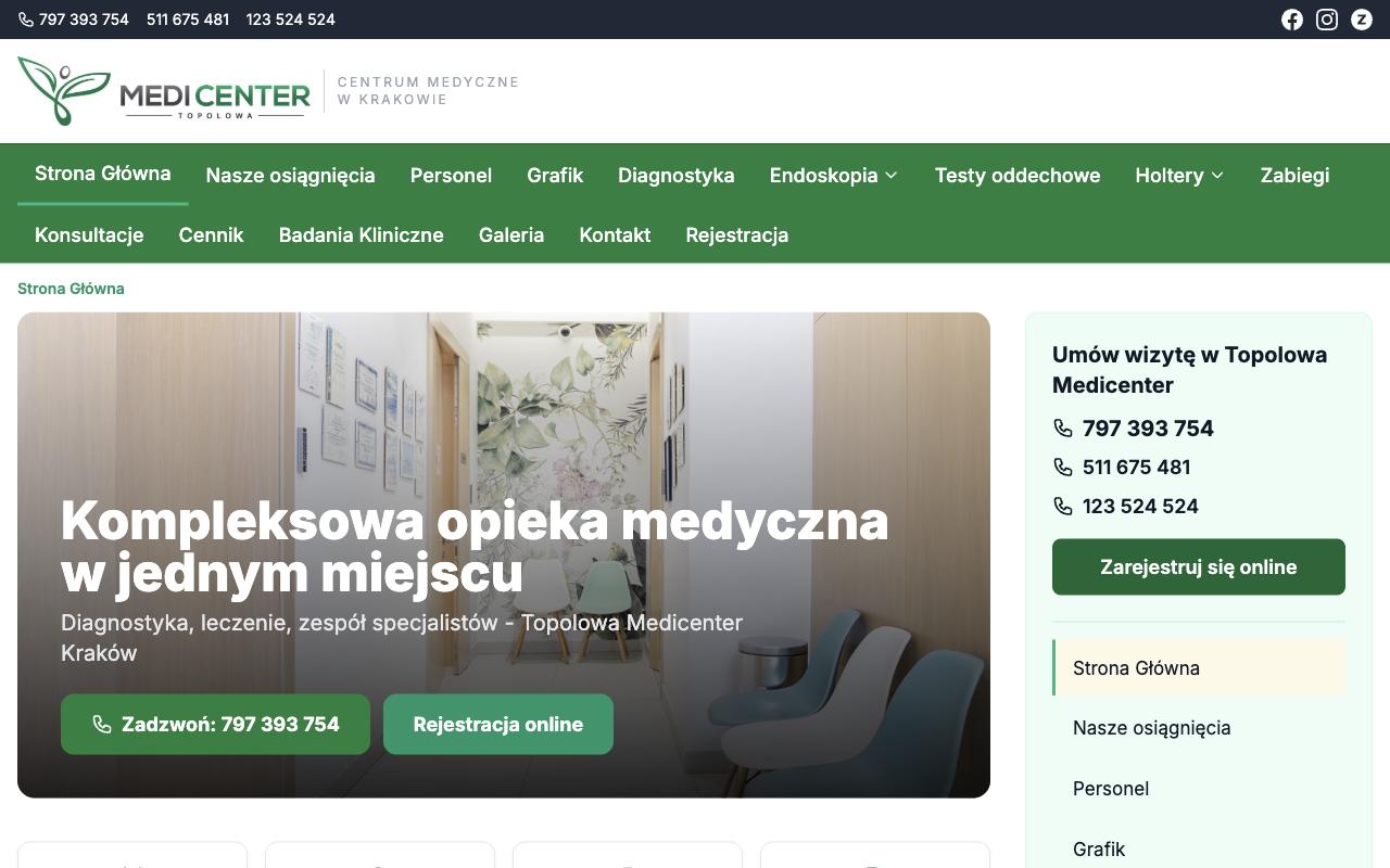 Strona główna - hero z dwoma CTA i pasek boczny z numerami oraz rejestracją, widoczny na każdej podstronie.