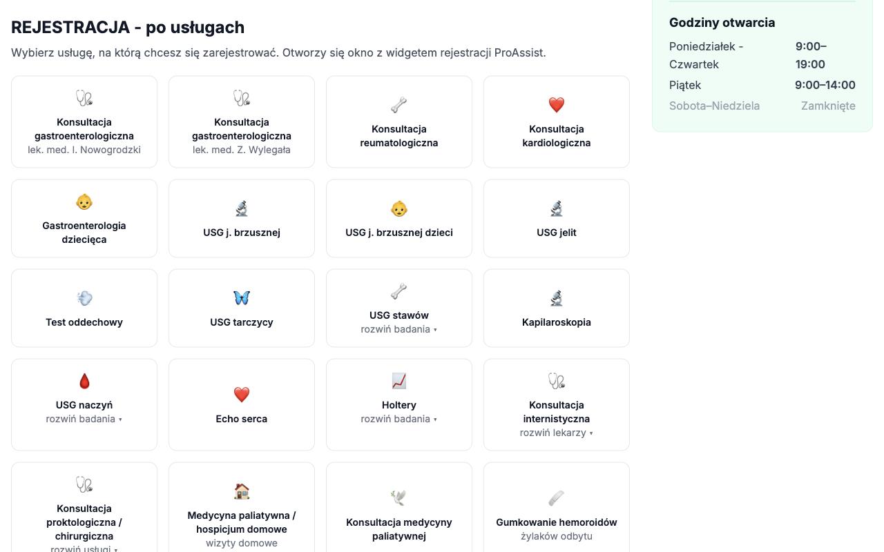 Rejestracja po usługach - każdy kafelek to deep-link otwierający widget z preselektowanym lekarzem i badaniem.
