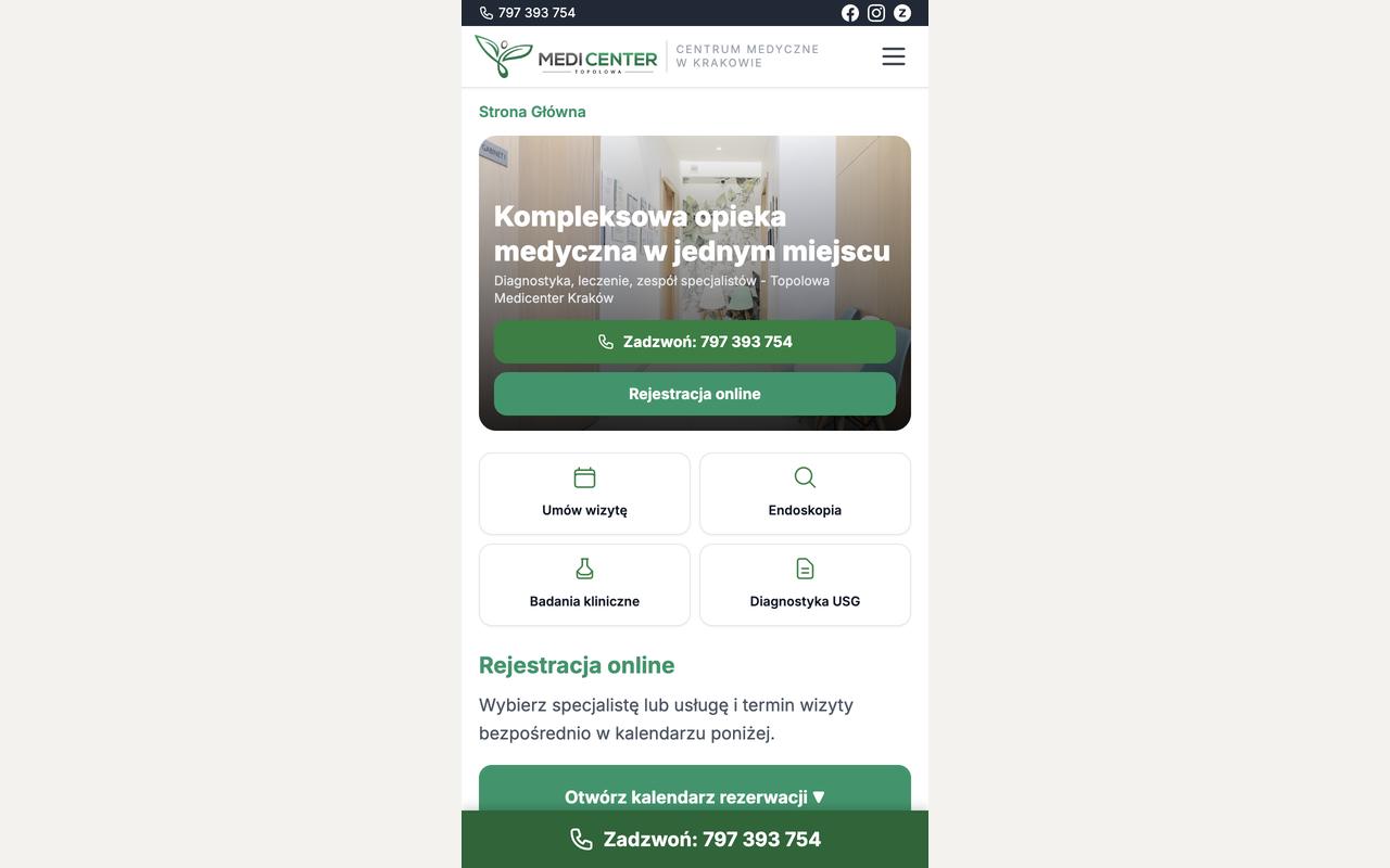 Widok mobilny z przyklejonym paskiem „Zadzwoń" - najkrótsza droga do wizyty, gdy ktoś czyta stronę w poczekalni.