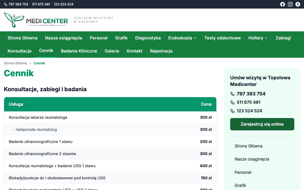 Cennik konsultacji i badań w tabeli - pacjent widzi kwotę przed rejestracją.