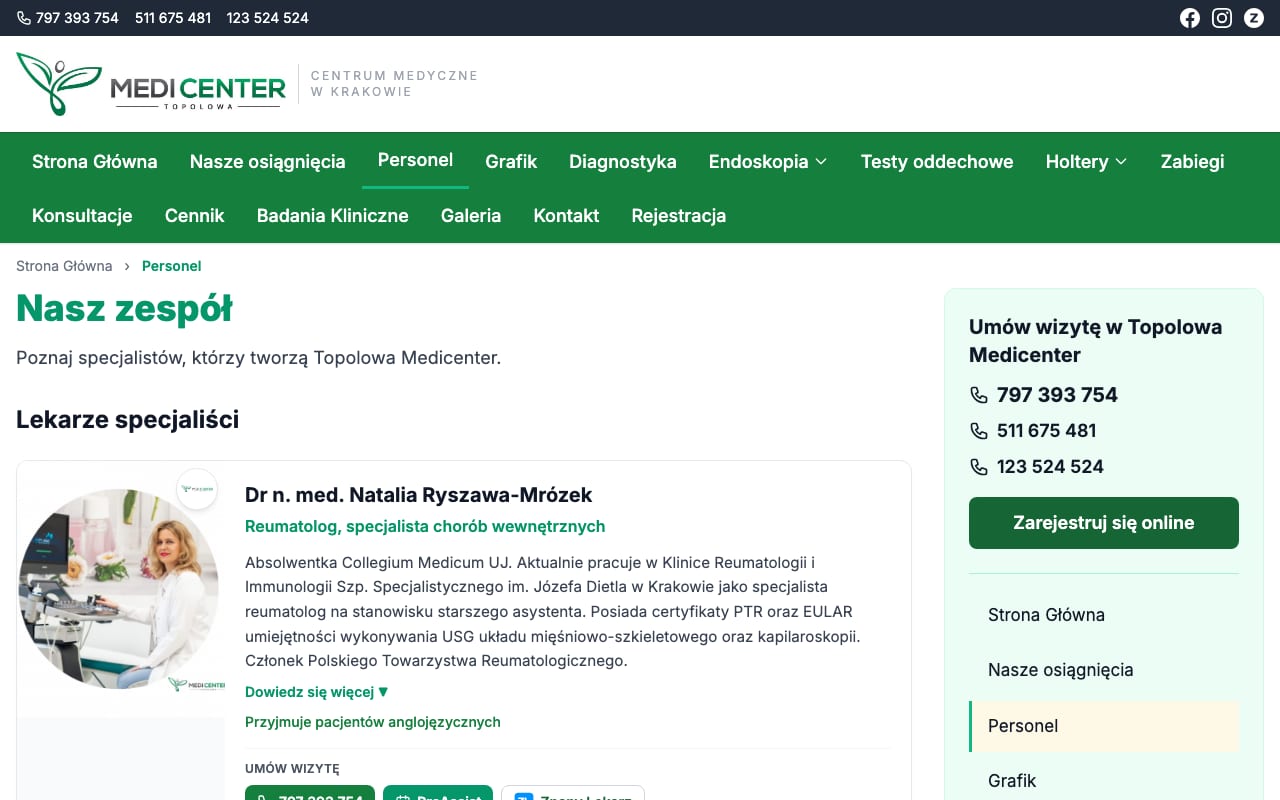 Personel: profile lekarzy jako pełnoprawne podstrony, nie ukryte w widgetcie.