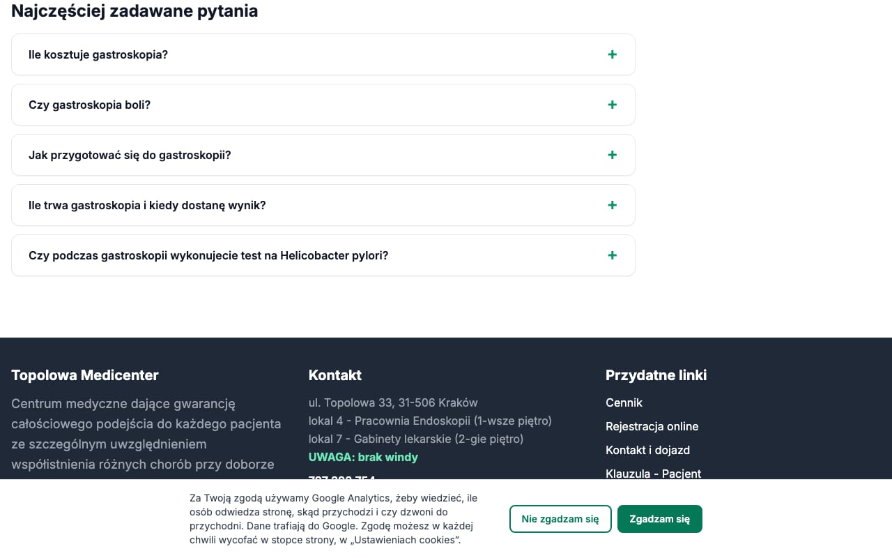 FAQ na podstronie badania. Takie sekcje ma 26 podstron, z odpowiedziami od klientki.