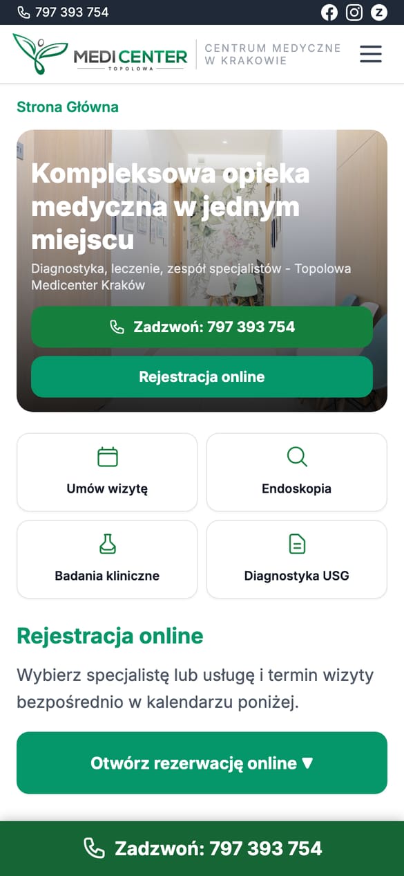 Strona główna - hero z dwoma CTA i pasek boczny z numerami oraz rejestracją, widoczny na każdej podstronie. (telefon)