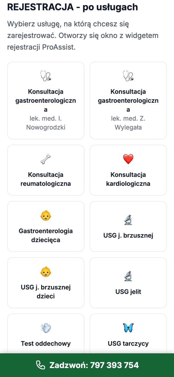 Rejestracja po usługach - każdy kafelek to deep-link otwierający widget z preselektowanym lekarzem i badaniem. (telefon)
