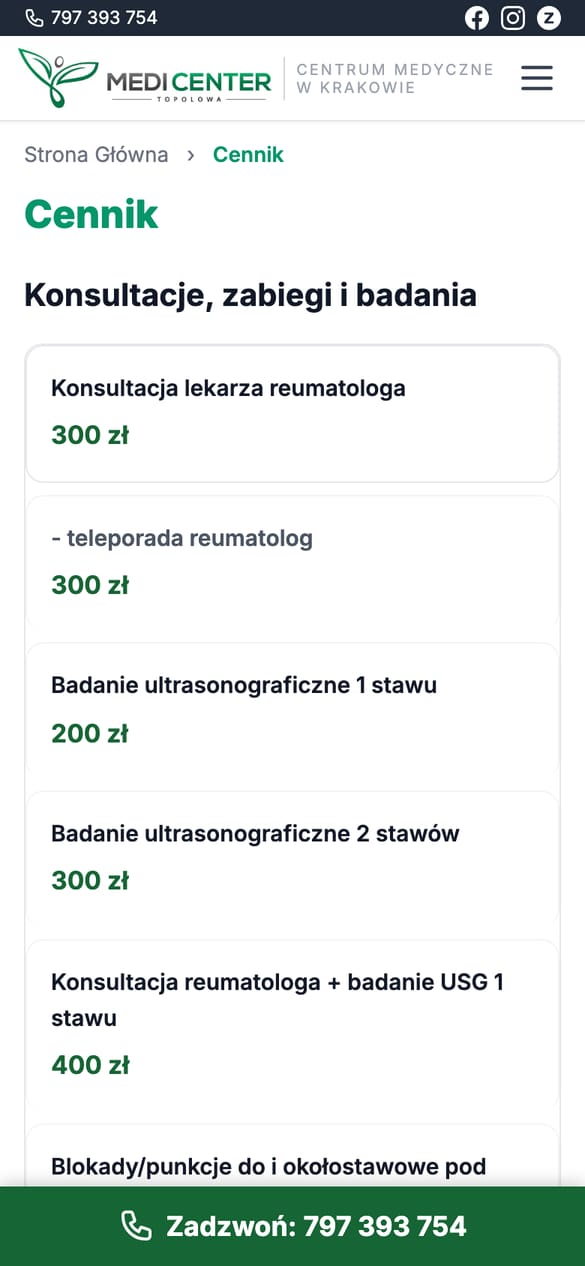 Cennik konsultacji i badań w tabeli - pacjent widzi kwotę przed rejestracją. (telefon)