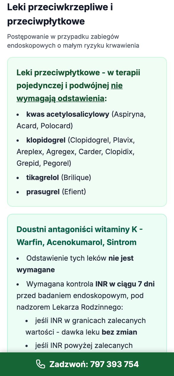 Zalecenia dotyczące leków przed gastroskopią, przeniesione 1:1 z dokumentów przychodni. Na dole baner zgody: GA4 rusza dopiero po kliknięciu „Zgadzam się”. (telefon)