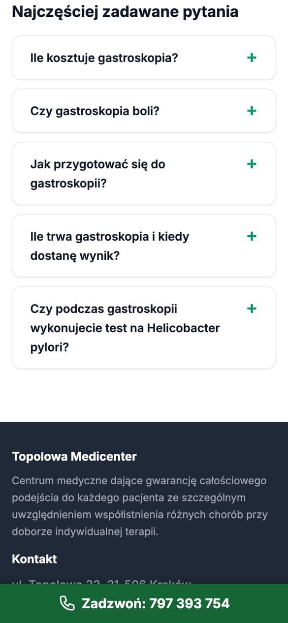 FAQ na podstronie badania. Takie sekcje ma 26 podstron, z odpowiedziami od klientki. (telefon)