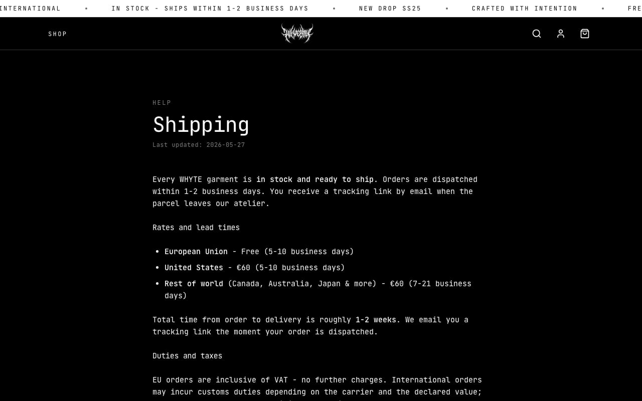 Shipping: darmowa wysyłka w UE, flat €60 poza Unią, tracking mailem po wysyłce.