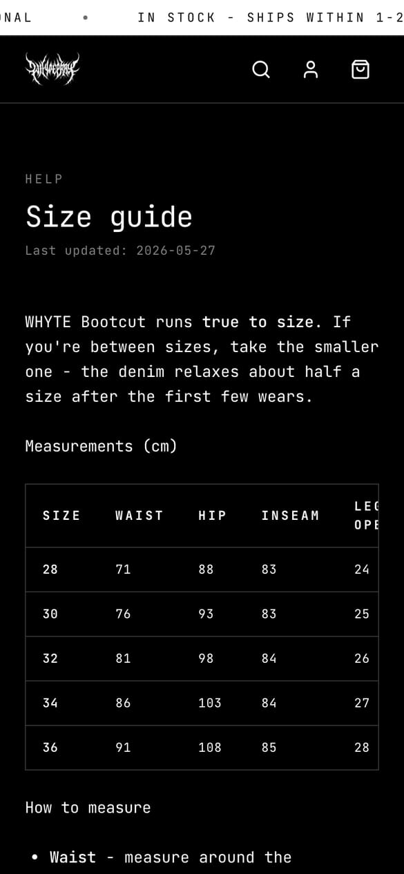 Tabela rozmiarów WHYTE - help center bez CMS-a, ten sam typograficzny język co sklep. (telefon)